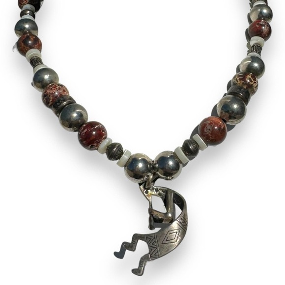 Brecciated Jasper Sterling Navajo 3D Kokopelli Beaded Necklace - Picture 2 of 8